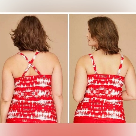 CACIQUE TANKINI. LIKE NEW! RED AND WHITE TIE DYE SWIMSUIT TOP WITH BUILT IN BRA. - Picture 3 of 16